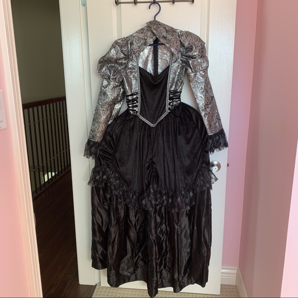 Victorian-Style Long Sleeve Black & Silver Ball Gown & Witch Hat Costume